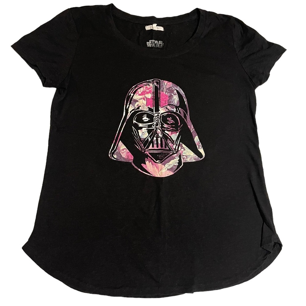 STAR WARS Darth Vader Floral Graphic T-shirt Medium Black Pink